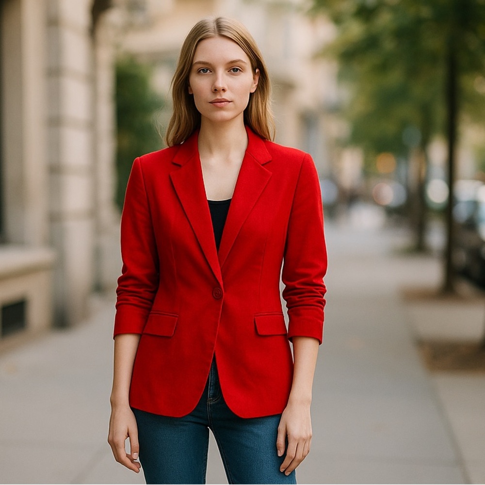 NWT JULES & LEOPOLD CASUAL RAYON LINEN BLEND BLAZER RED RUCHED SLEEVE